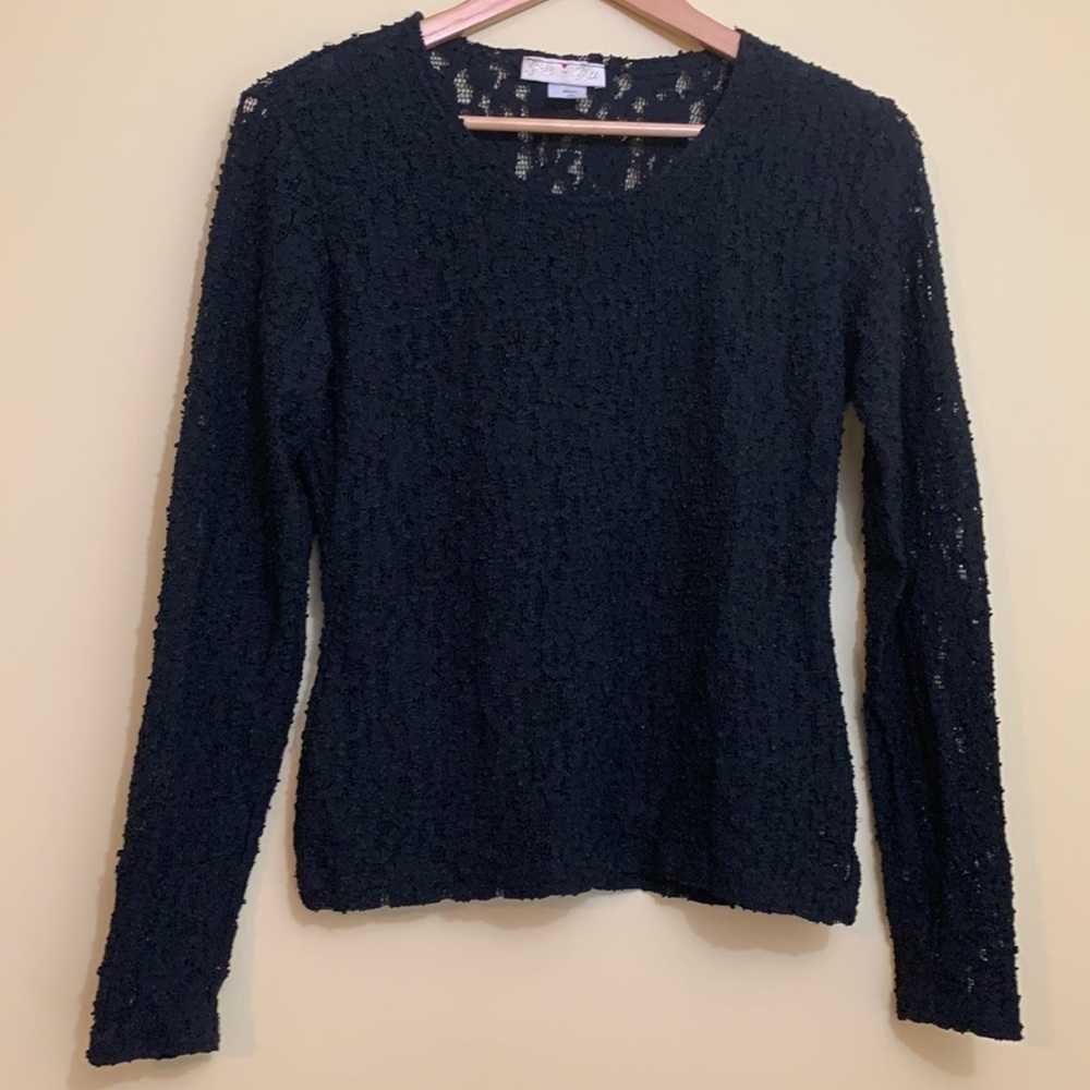 Glu-Glu || Black Embroidered Floral Lace Sheer Long Sleeve Stretch Top M